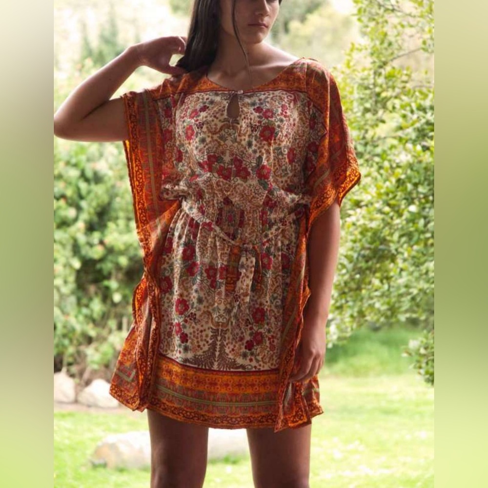 Zara Bohemian Print Belted Waist Kaftan Mini Dress Cream and Orange (M)